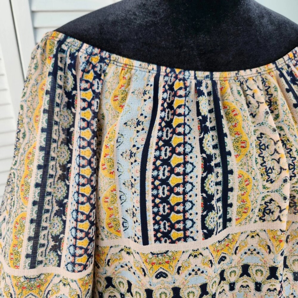 Democracy Boho Off Shoulder Top L Bell Sleeve Flowy Semi Sheer Embroidered Trim - Picture 4 of 11